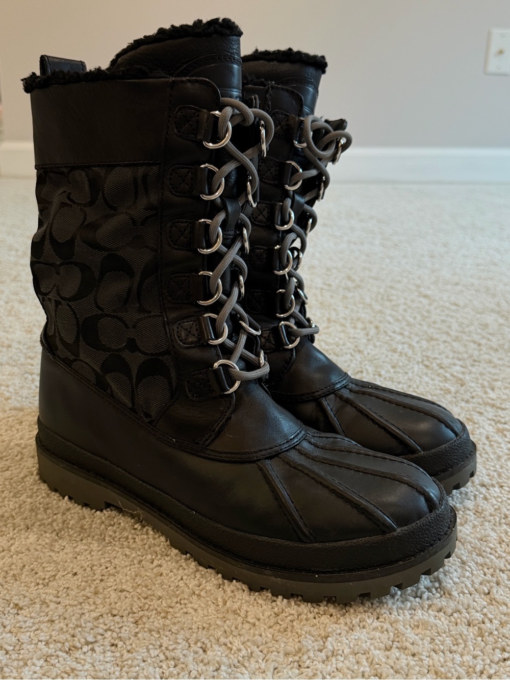 Coach Black Quilted Logo Lace-Up Fur-Trim Winter Boots